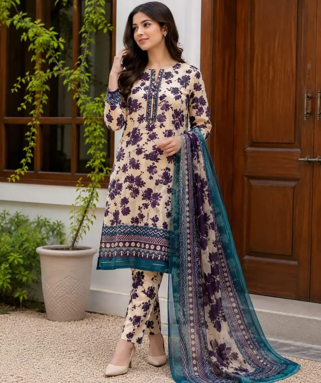 Maria B Printed Lawn 3Pcs Set Off White