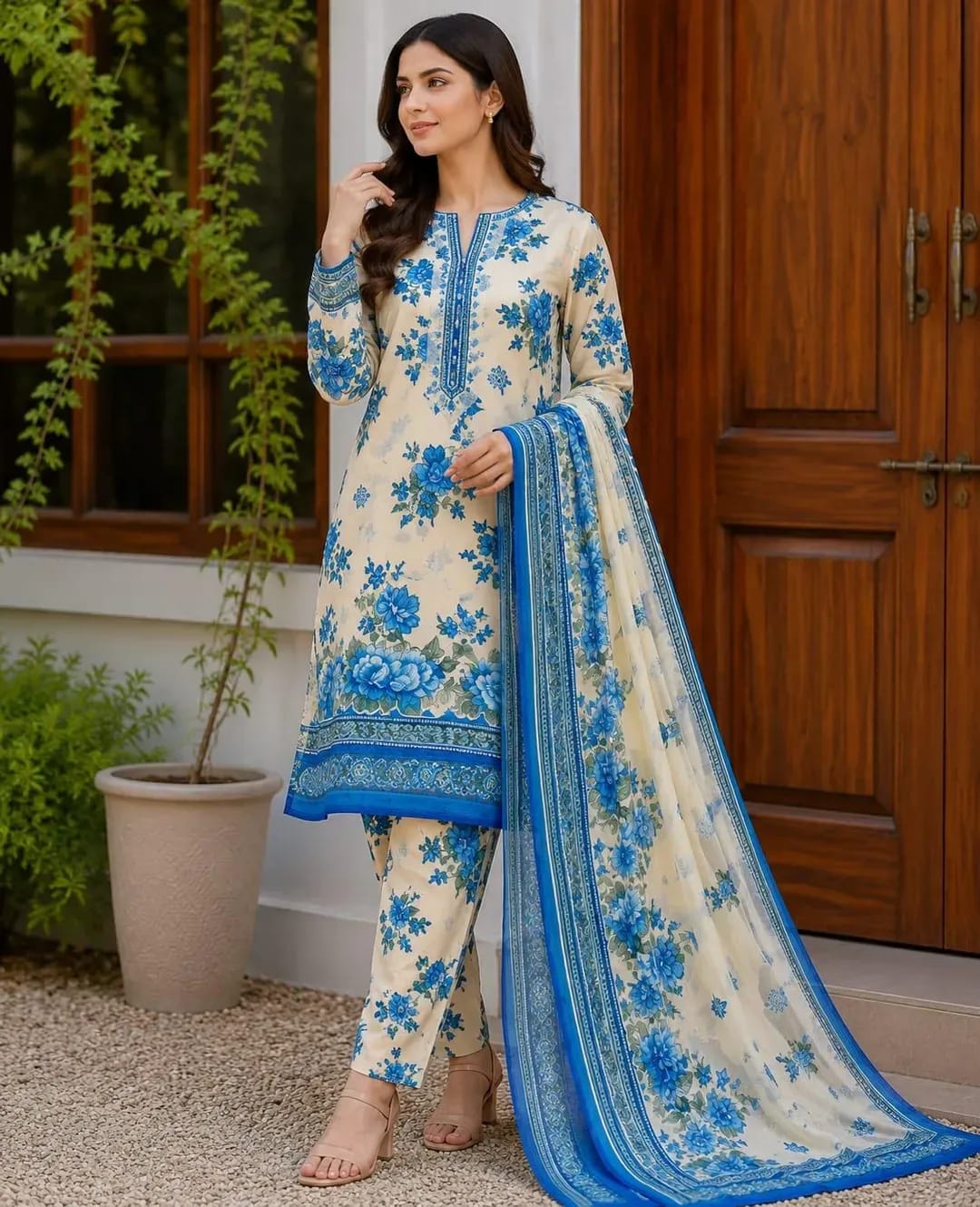 Maria.B Blue Printed Lawn 3Pcs Set for Women