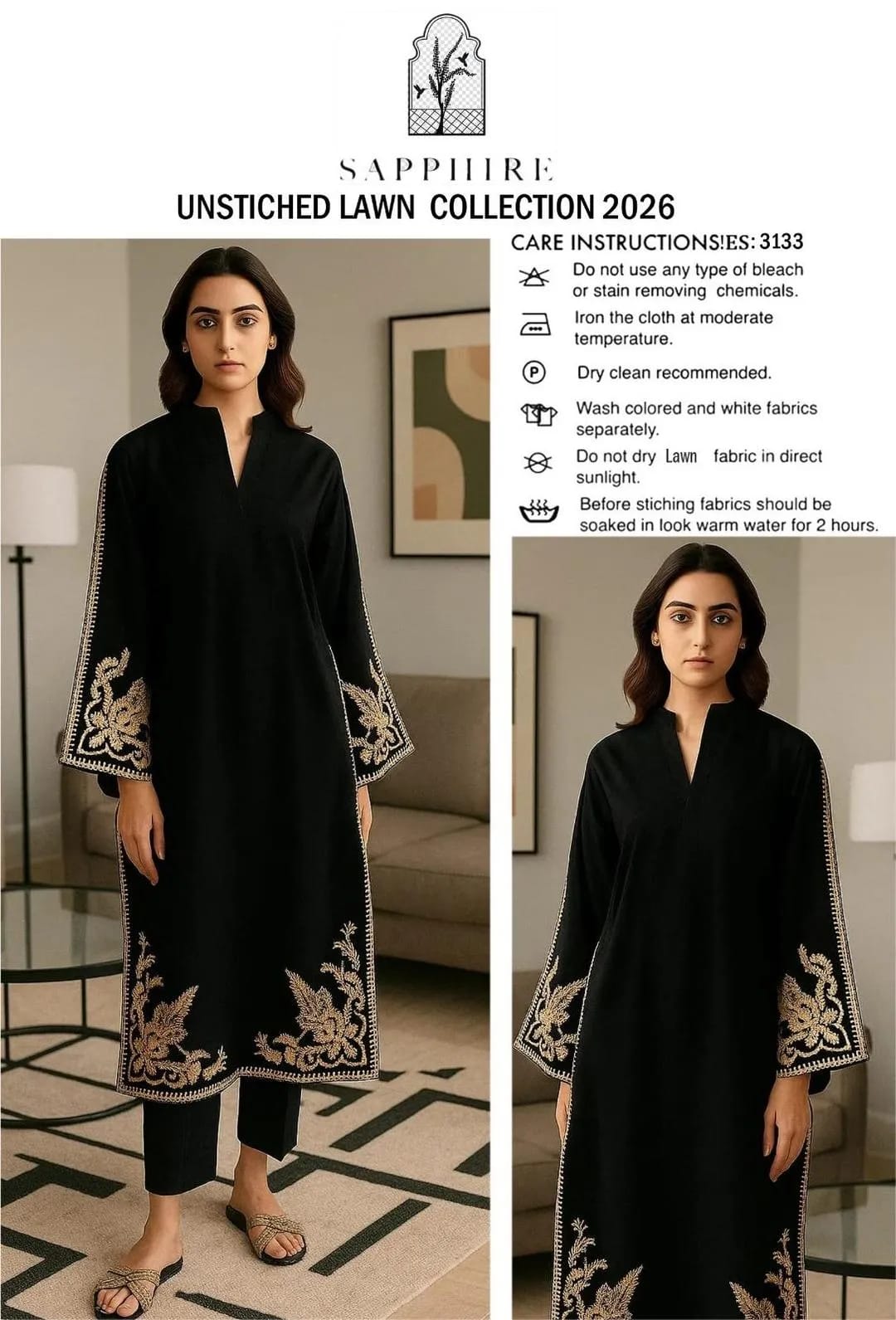 Sapphire Black Unstitched Lawn Suit for Summer Wear