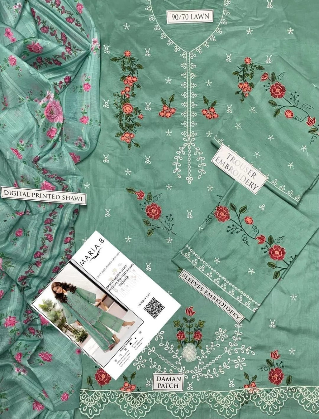 Maria B Summer 3PC Embroidered Lawn Suit Mint Green