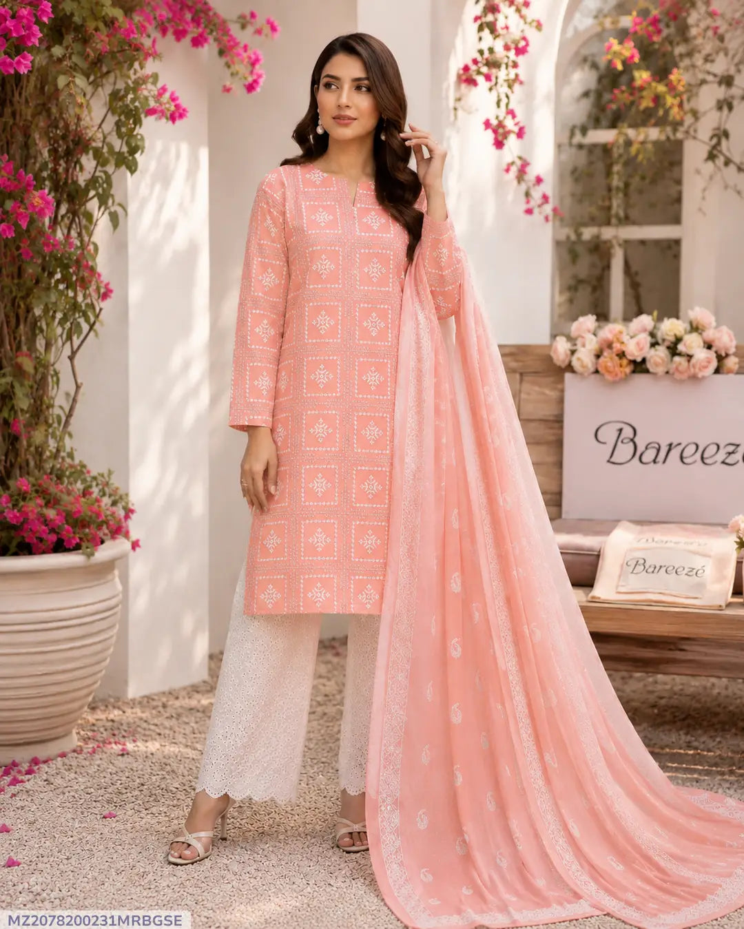Bareeze 3 Pcs Women's Unstitched Lawn Embroidered Suit