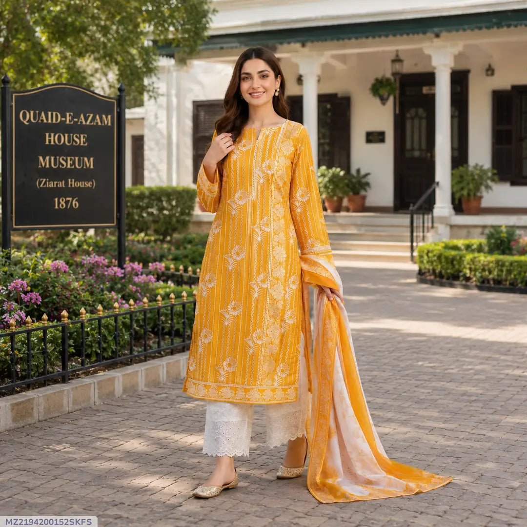 3 Pcs Women's Unstitched Lawn Embroidered Suit